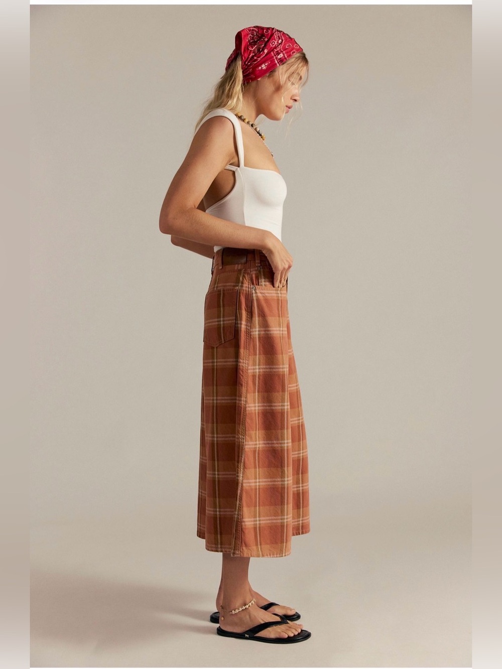 We The Free High Top Wide Crop Plaid Jeans in Rust Plaid